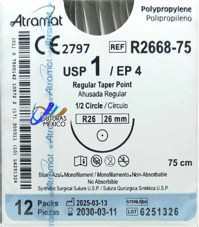 Atramat R2668-75 polipropileno calibre 1 de 75 cm con aguja R26 de 26 mm