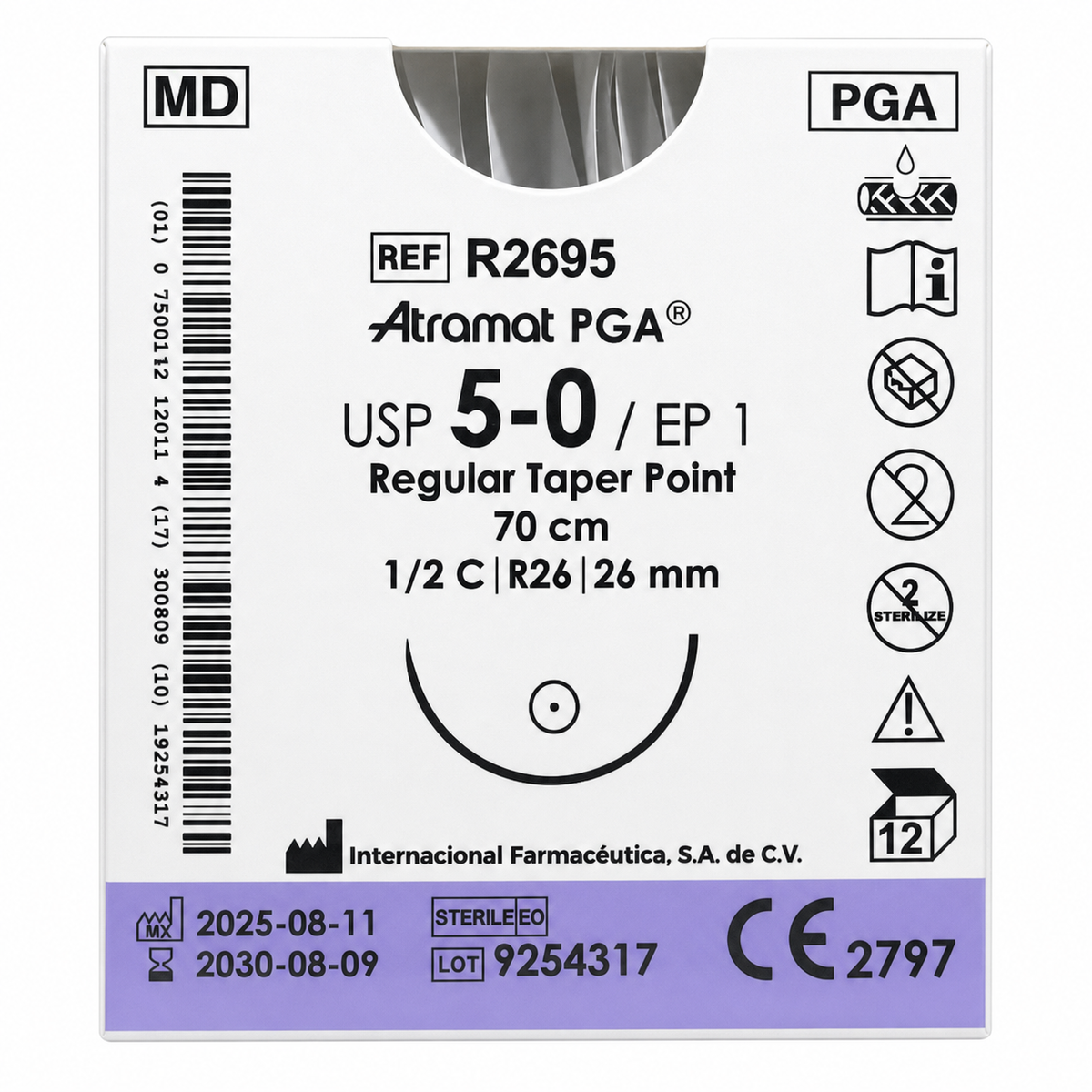 Atramat R2695, PGA USP 5-0 de 70 cm con aguja R26 de 26 mm sobre fondo blanco