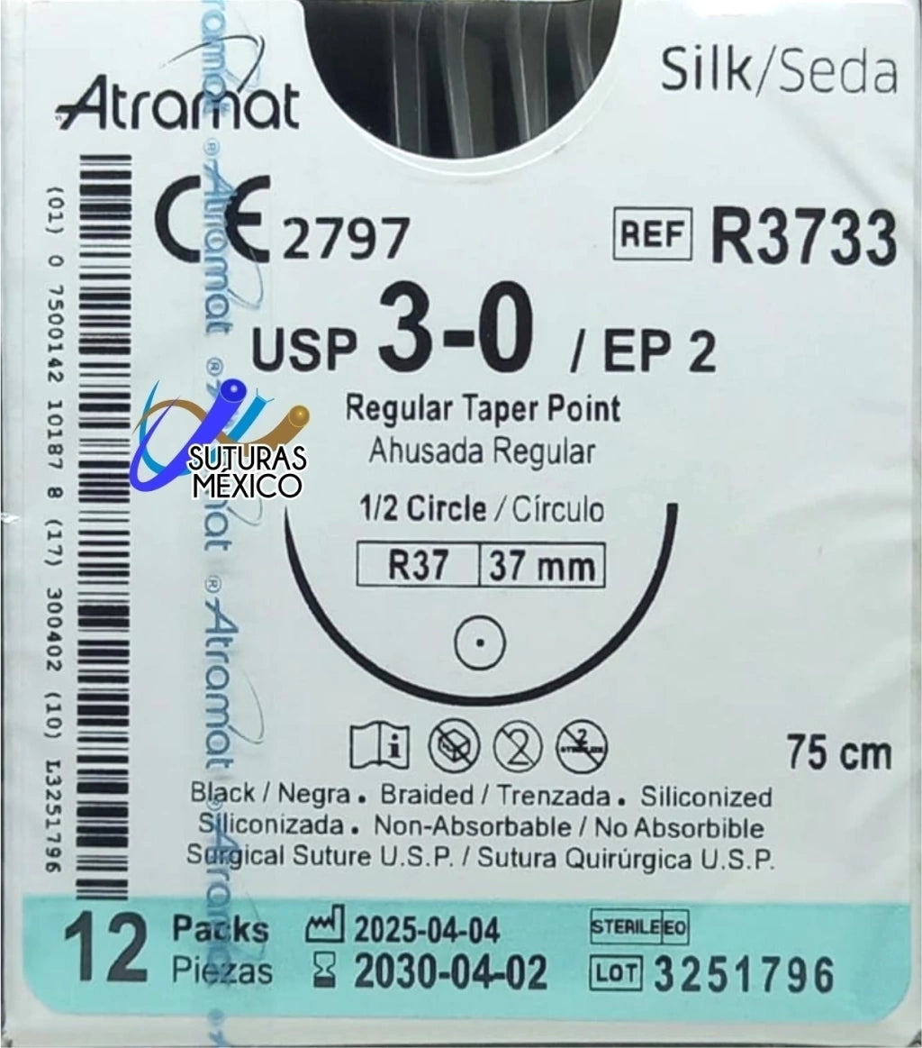 Atramat R3733 seda negra USP 3-0, 75 cm, aguja R37 de 37 mm y 1/2 círculo