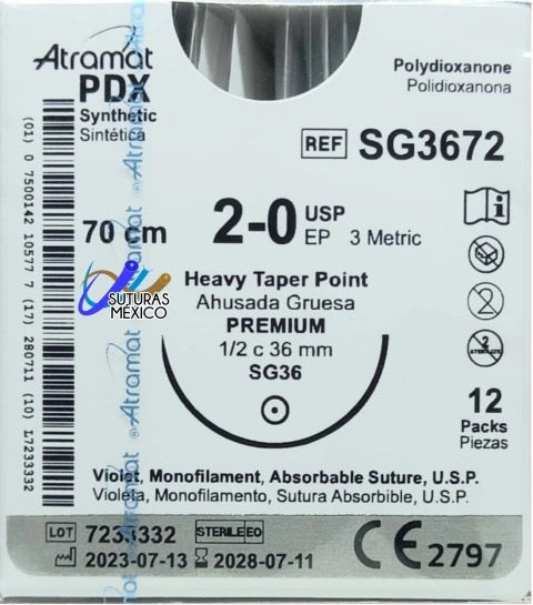 Atramat SG3672 PDX polidioxanona violeta USP 2-0, 70 cm, aguja SG-36 de 36 mm