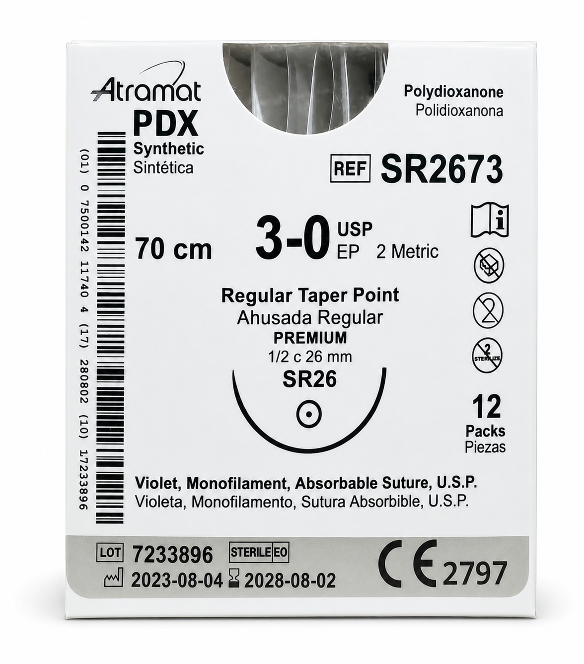 Atramat SR2673, sutura PDX violeta USP 3-0 de 70 cm con aguja SR26 de 26 mm sobre fondo blanco