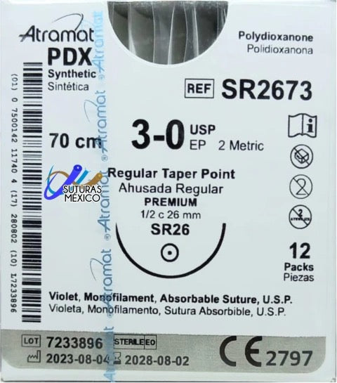Atramat SR2673 PDX polidioxanona violeta USP 3-0, 70 cm, aguja SR-26 de 26 mm