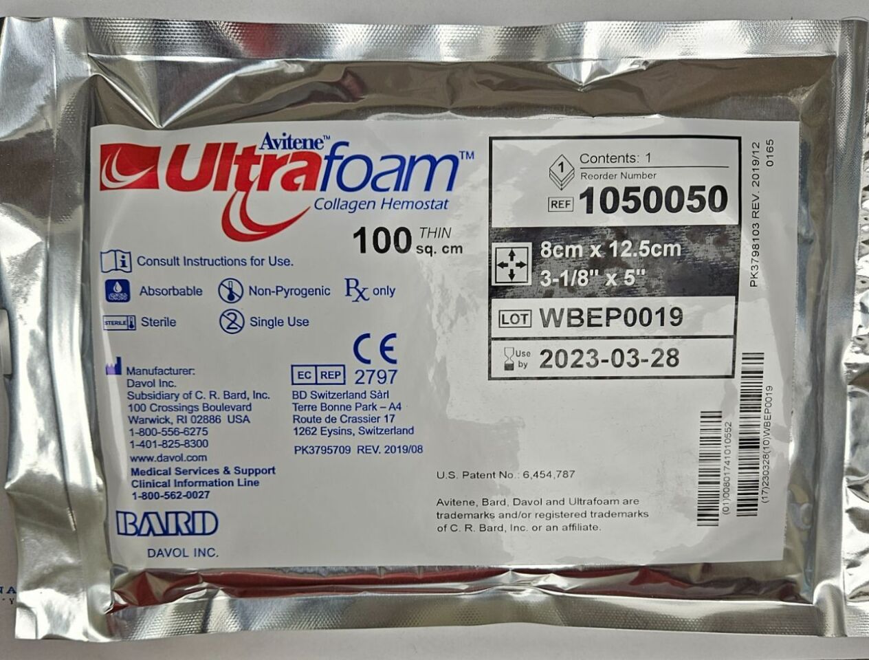 BD Avitene UltraFoam 1050050 Thin, esponja de colágeno 8 x 12.5 cm x 3 mm, 100 cm²