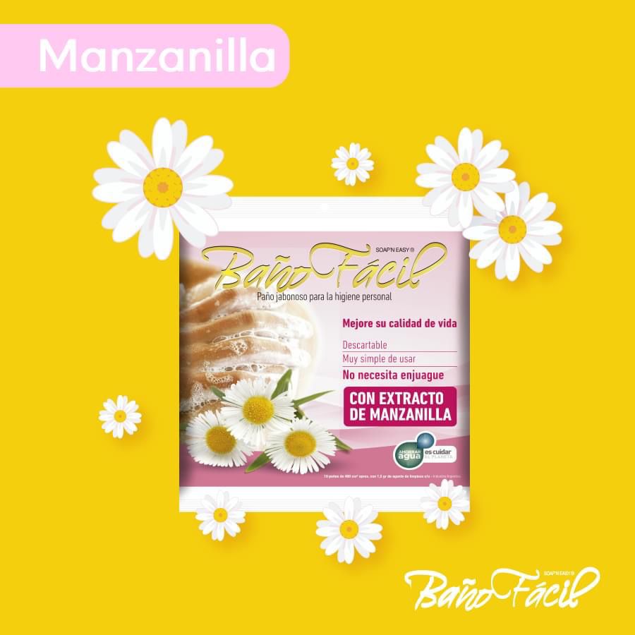 Presentación Baño Fácil con Manzanilla, paquete de 10 paños; imagen original de la marca