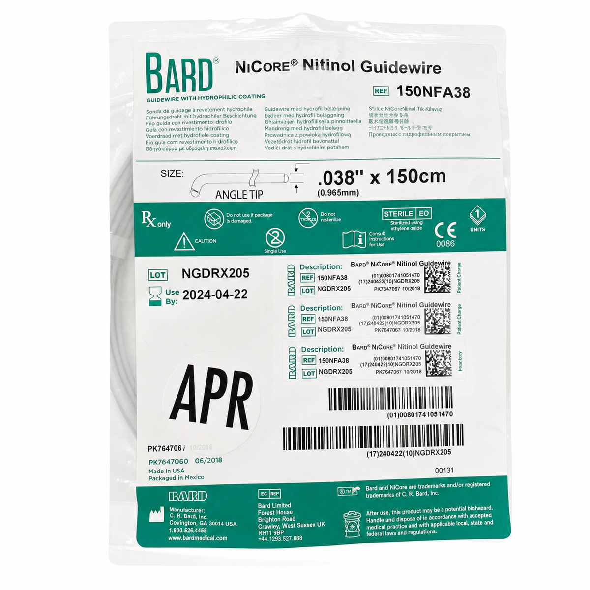 Sobre estéril BARD NiCore 150NFA38, guía hidrofílica de nitinol 0.038 pulgadas × 150 cm, punta angular, sobre fondo blanco