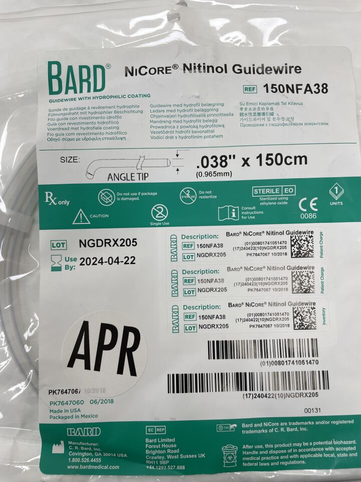 BARD NiCore 150NFA38 guía hidrofílica 0.038 pulgadas x 150 cm punta angular