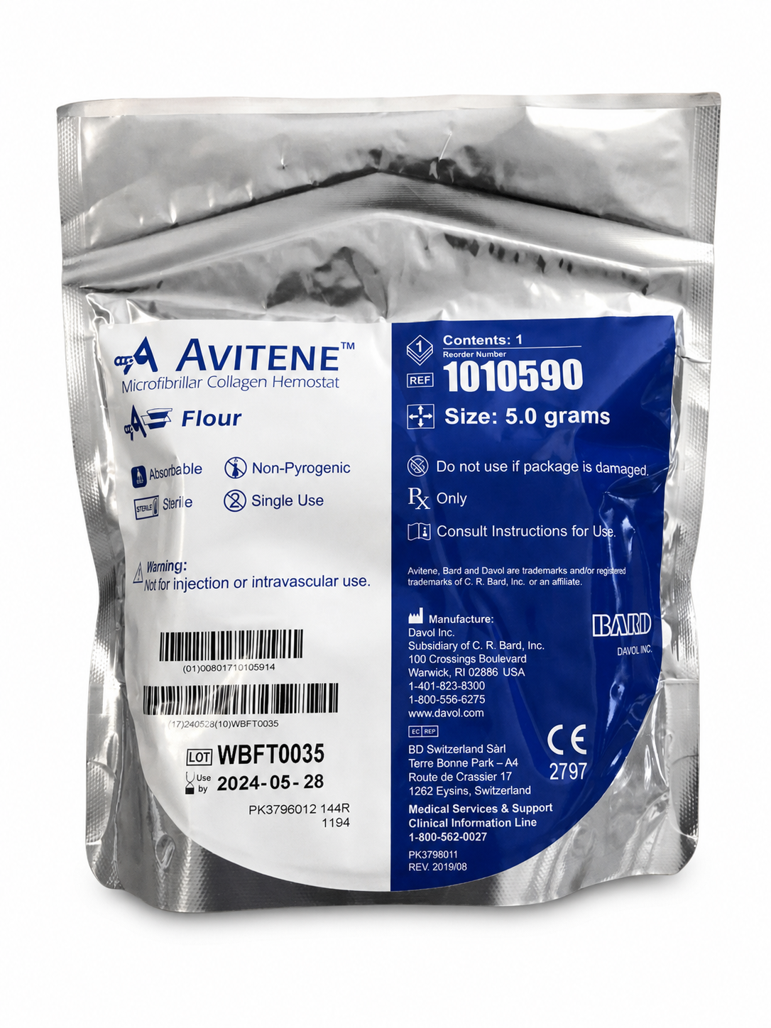 Sobre BD Avitene Flour 1010590, colágeno microfibrilar 5 g, sobre blanco