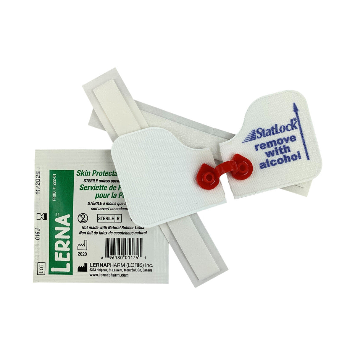 Fijador BD StatLock arterial rojo con retenedor y almohadilla, junto a una toallita de protección cutánea, sobre fondo blanco