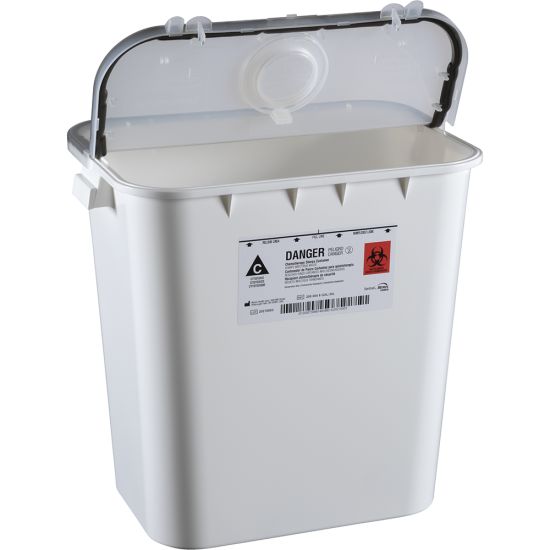 Contenedor blanco Bemis 208 004 8-Gallon para residuos de quimioterapia con tapa articulada