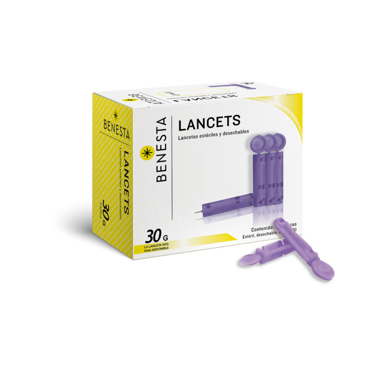 Lancetas Benesta estériles desechables de 30G, caja con 100 sobre fondo blanco