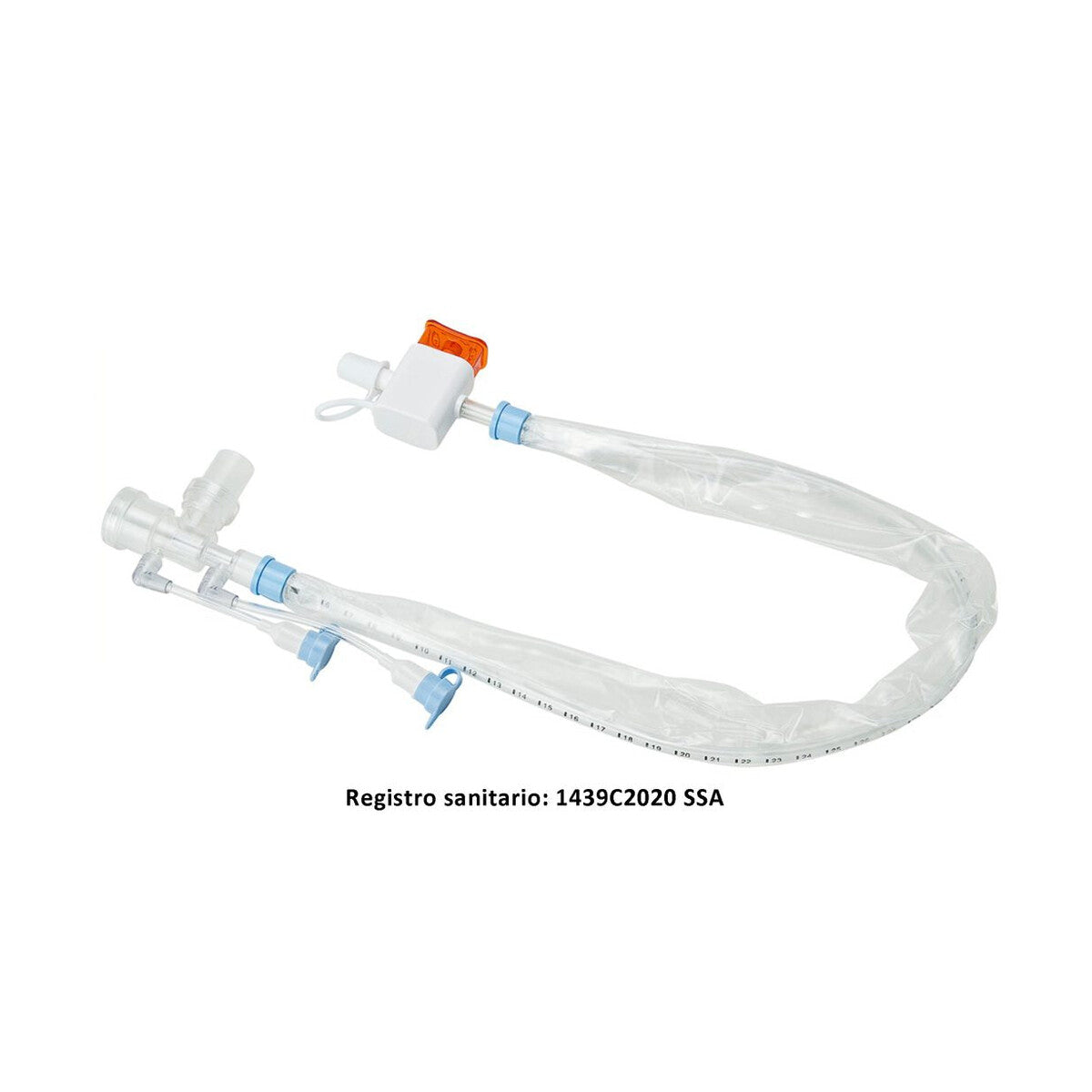 BIOTEQ BT-SC3 sistema de succión cerrado para traqueostomía con puerto MDI e irrigación sobre fondo blanco