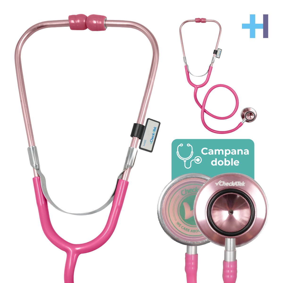 Estetoscopio Checkatek doble para adulto E1-6D color rosa, con campana doble y porta nombres.