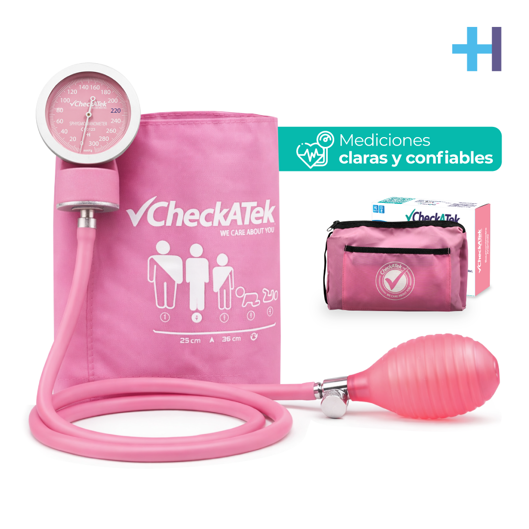 Baumanómetro aneroide Checkatek Eco B2-6 rosa translúcido, manómetro con arillo, brazalete 25 a 36 cm y bolsa