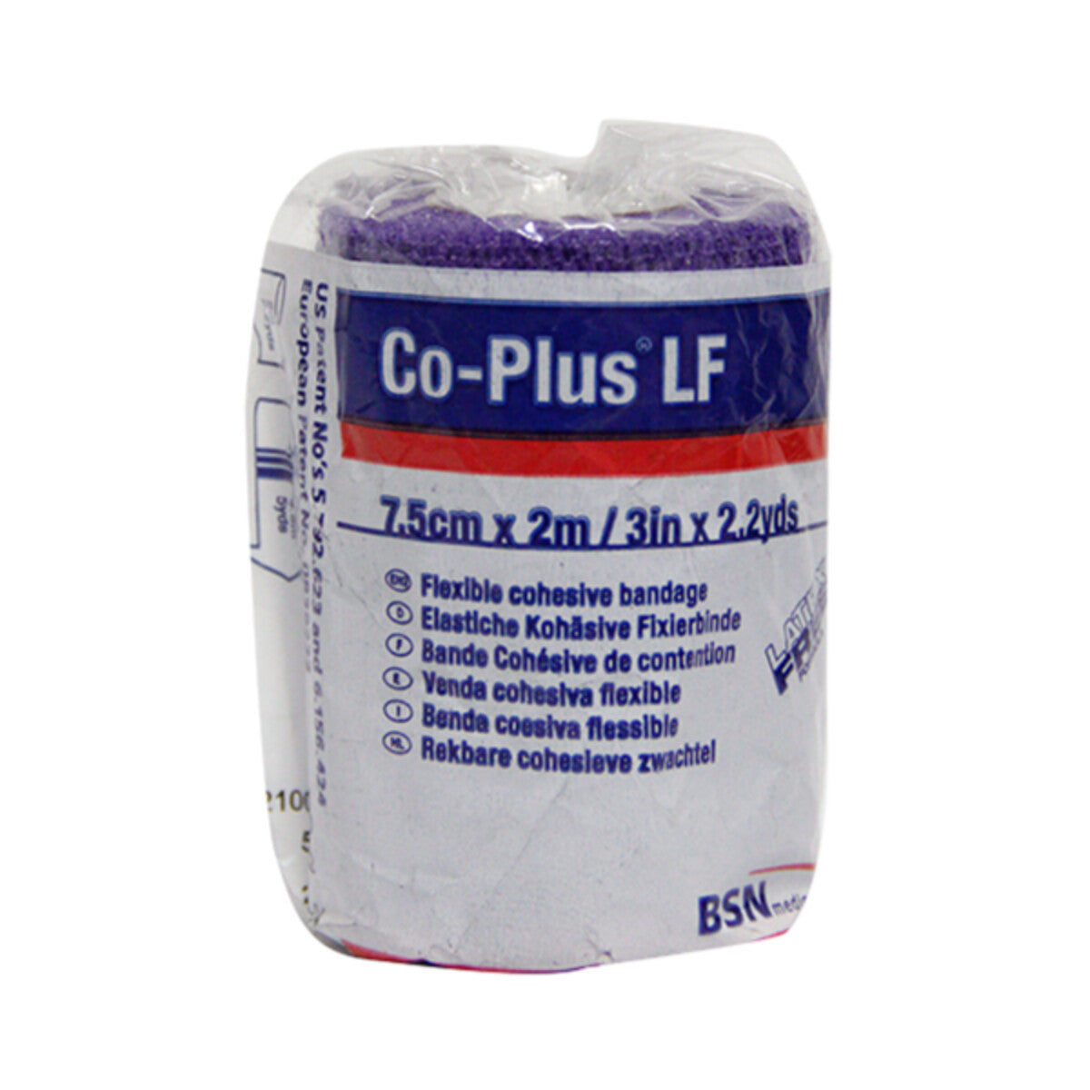 Rollo Co-Plus LF 7.5 cm × 2 m, venda cohesiva libre de látex, empaque individual