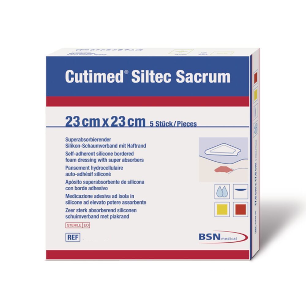 Caja Cutimed Siltec Sacrum 23 × 23 cm, 5 apósitos, sobre fondo blanco