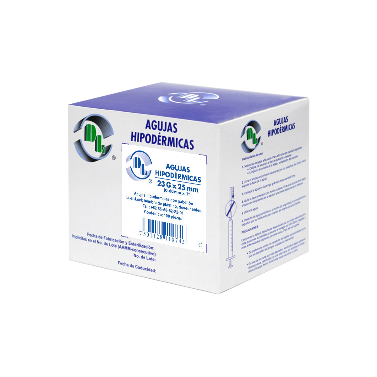 Caja DL de agujas hipodérmicas 23 G × 25 mm (0,60 mm × 1″), 100 piezas, EAN 7501128118743