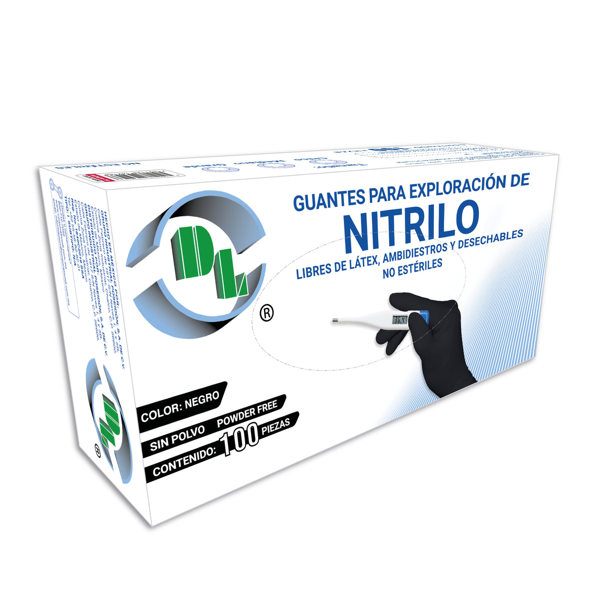 Caja DL Dentilab de guantes para exploración de nitrilo color negro, libres de látex, ambidiestros, desechables, no estériles y sin polvo, contenido 100 piezas; imagen de la línea sin talla impresa