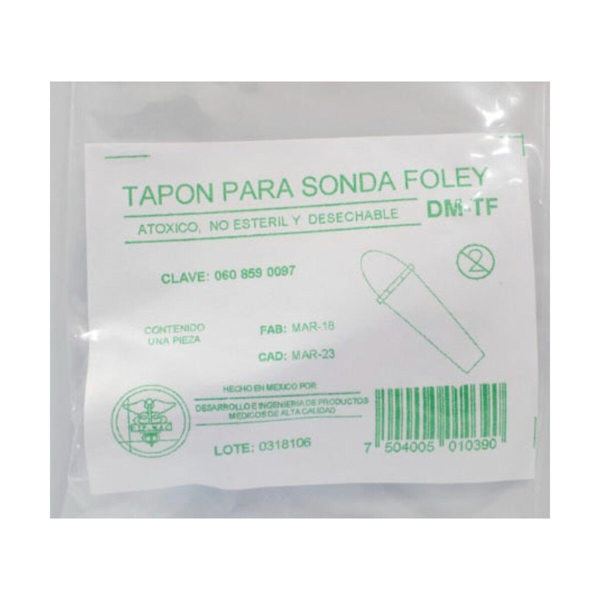 Tapón DipMac DM-TF para sonda Foley, paquete con 10 unidades sobre fondo blanco