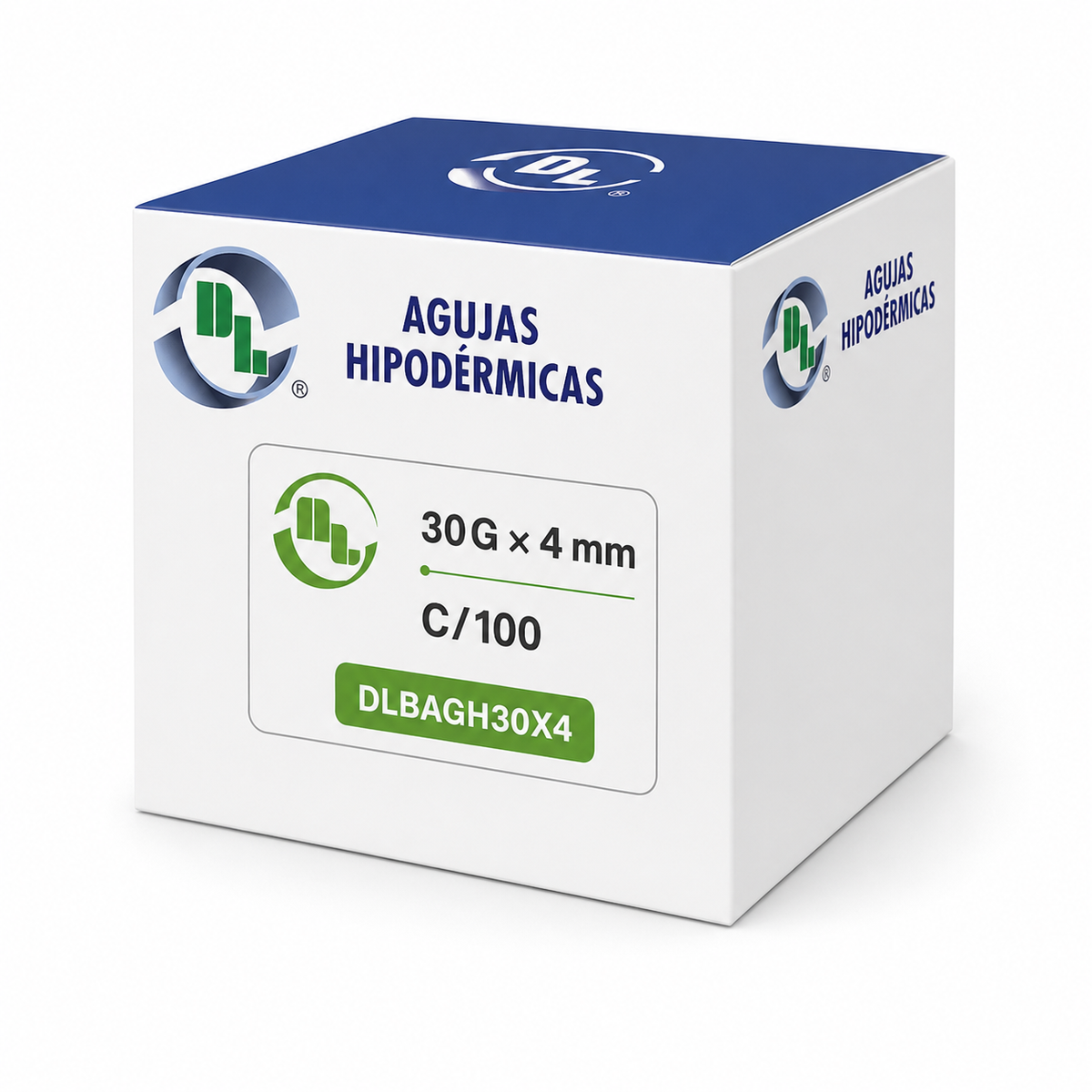 Imagen ilustrativa optimizada: caja de agujas hipodérmicas DL 30G × 4 mm para Botox, 100 piezas, sobre fondo blanco