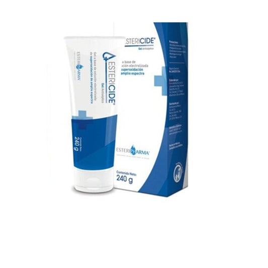 Tubo Estericide gel antiséptico 240 g con caja, SES, sobre fondo blanco