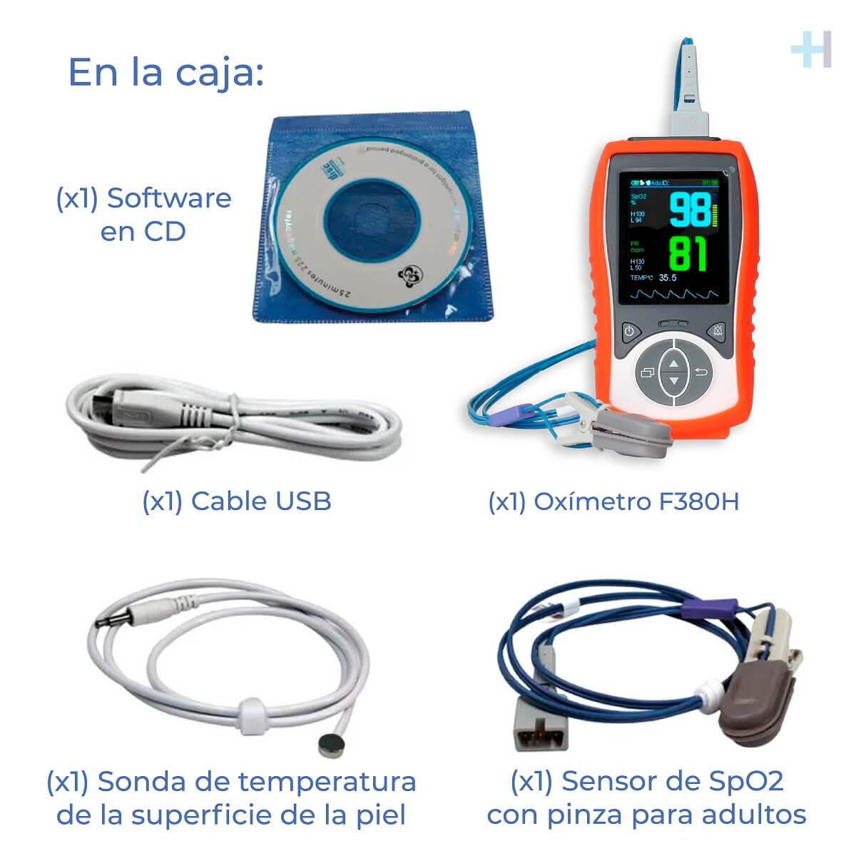 Contenido del oxímetro Palm Xignal F380H: equipo, sensor adulto, sonda, cable USB y CD.