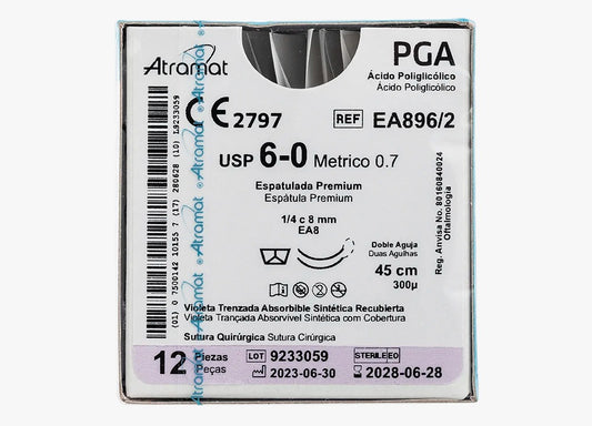 Atramat PGA violeta 6-0 EA896/2, sutura espatulada doble aguja 8 mm