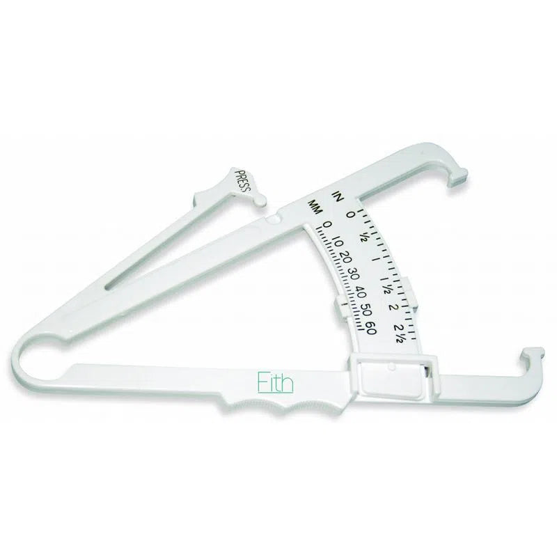 Plicómetro manual Fith BF01 blanco y completo, con la marca Fith, palanca PRESS y carátula en milímetros y pulgadas.