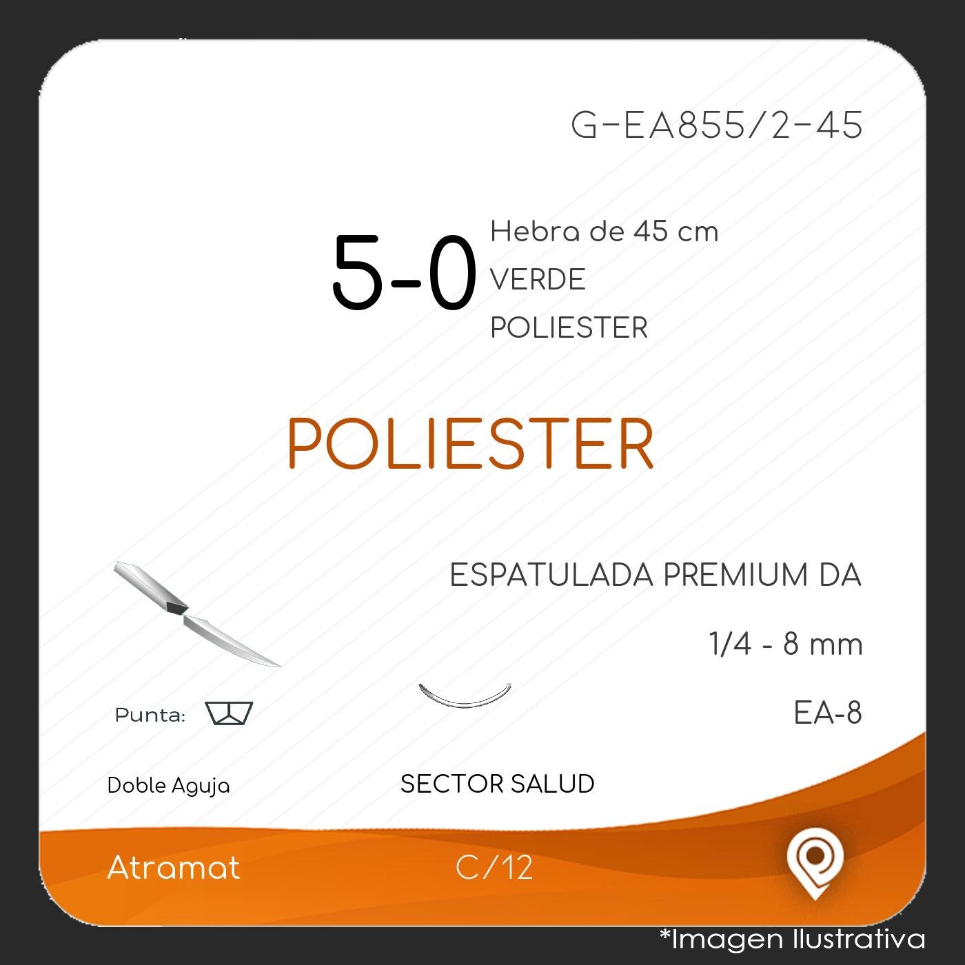 Atramat poliéster USP 5-0 verde, doble aguja EA-8 de 8 mm, 45 cm