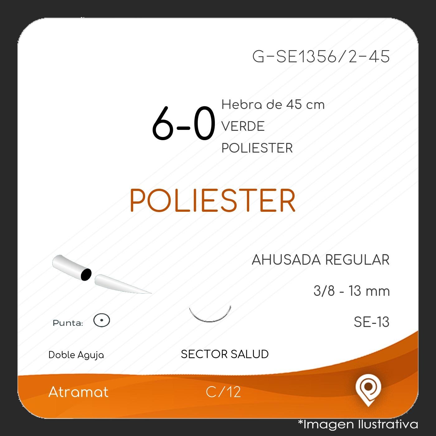 Atramat poliéster USP 6-0 verde, doble aguja SE-13 de 13 mm, 45 cm