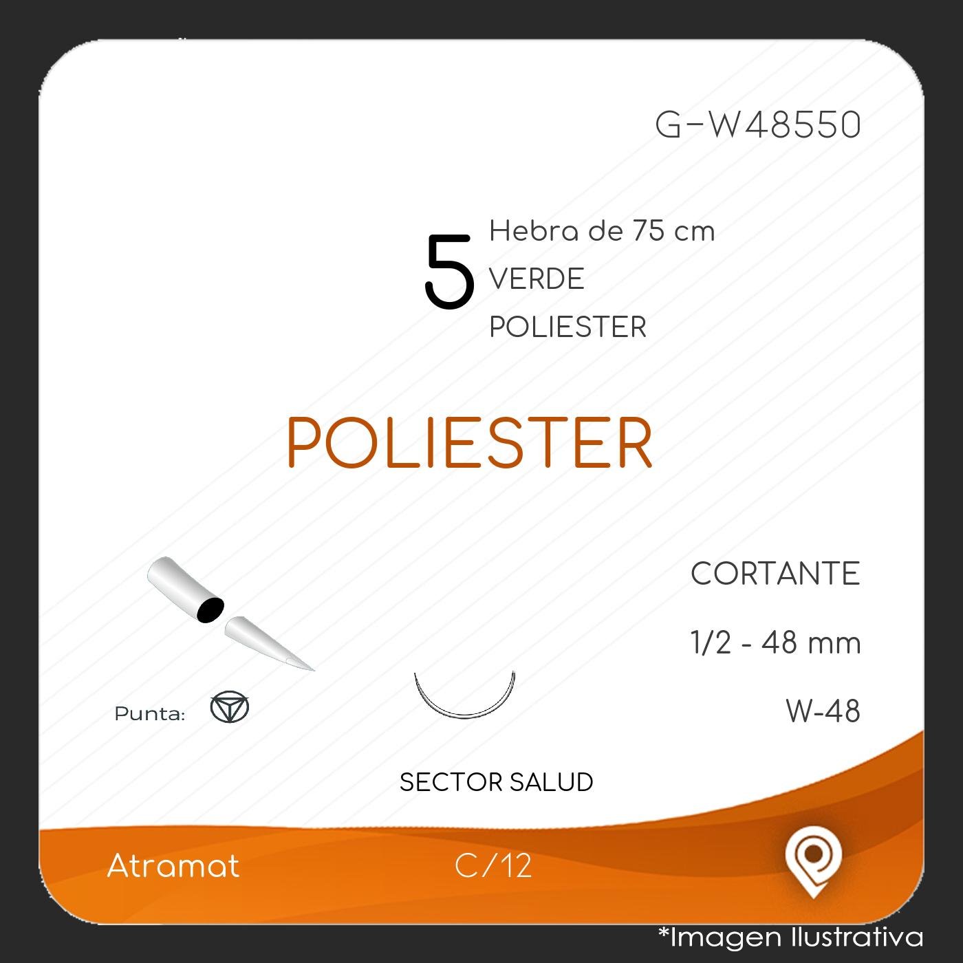 Atramat poliéster USP 5 verde, aguja W-48 de 48 mm, 75 cm