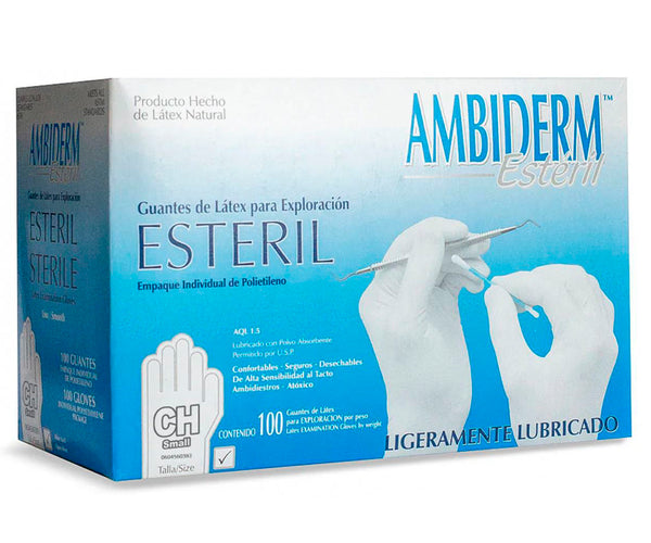 Caja Ambiderm Estéril de guantes de látex talla chica, 100 guantes