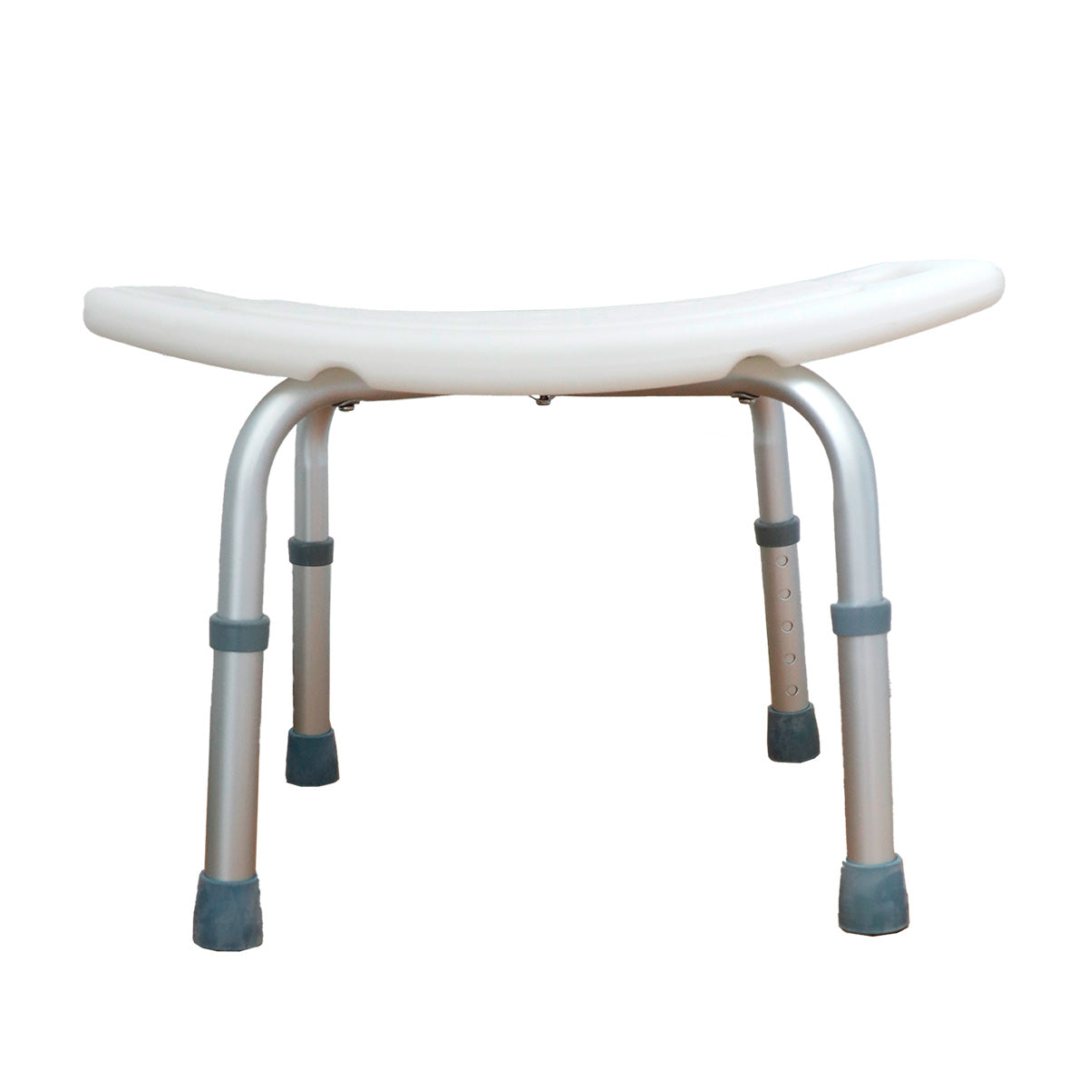 Soporte de ducha Handy AB01 completo, asiento blanco, estructura plateada y cuatro patas con conteras.