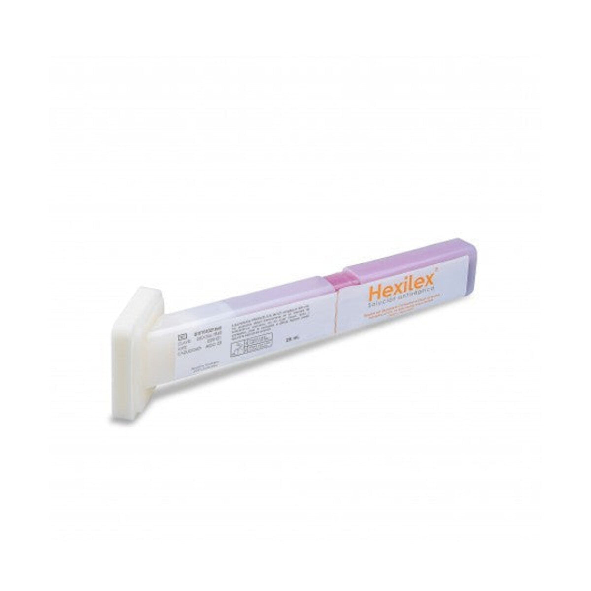 Aplicador Hexilex de 26 ml, REF 010102021060, con gluconato de clorhexidina al 2% y alcohol isopropílico al 70%, sobre fondo blanco
