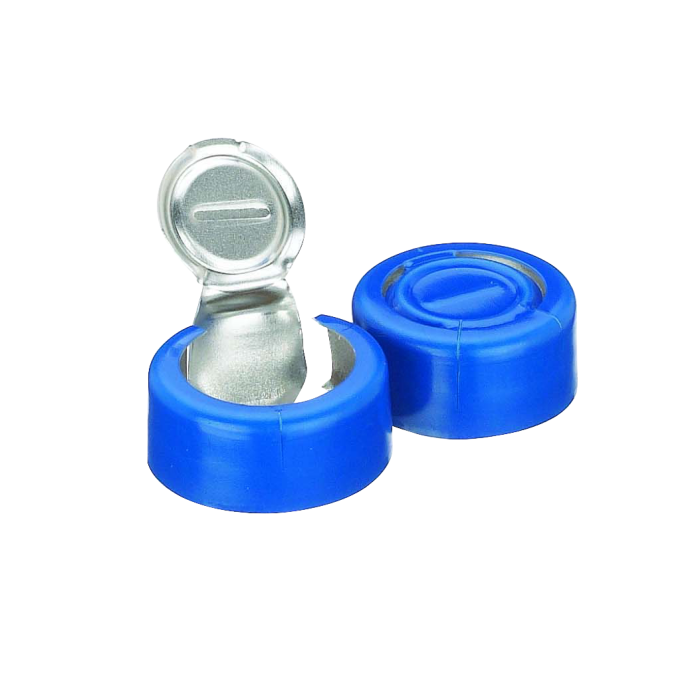 Sello WHEATON de aluminio, remoción completa, sin liner, color azul. Foto oficial de 13 mm como ilustración de la serie. Medida de venta por referencia: WHE-224192-05, WHE-224193-05. Caja con 1000 sellos.