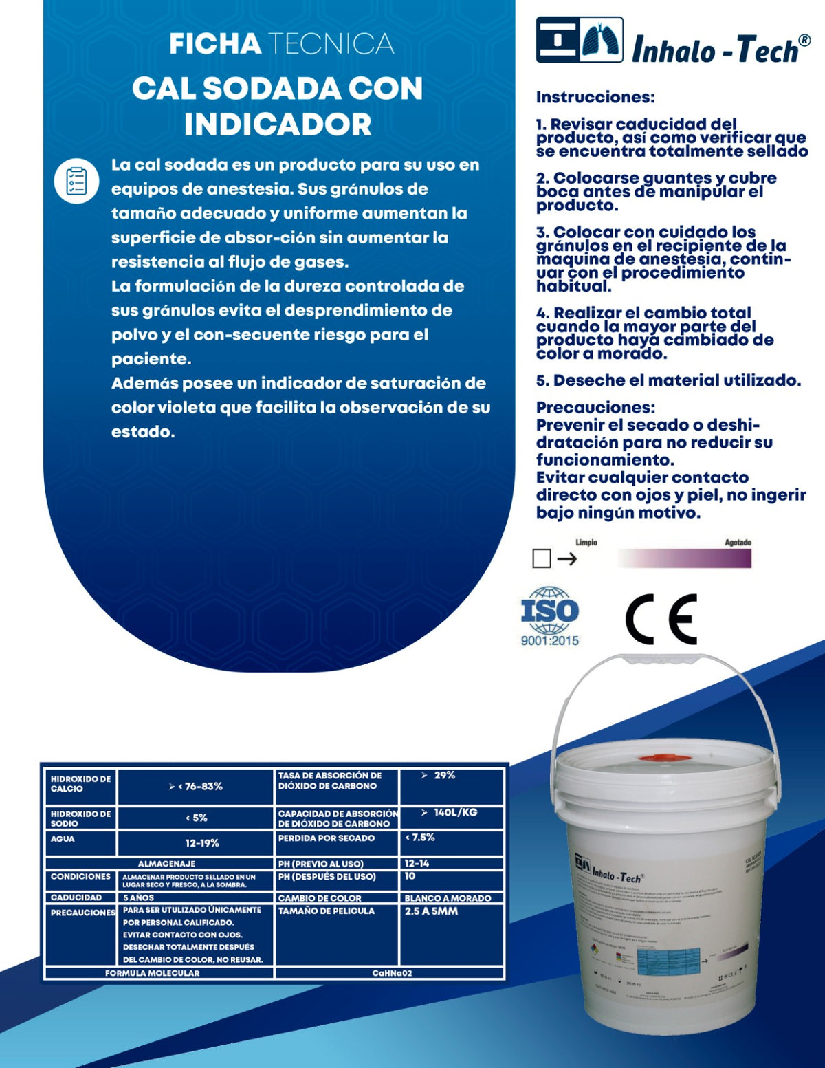 Ficha técnica Inhalo-Tech de cal sodada con indicador INH-CAL16: composición, absorción y cambio de color blanco a morado
