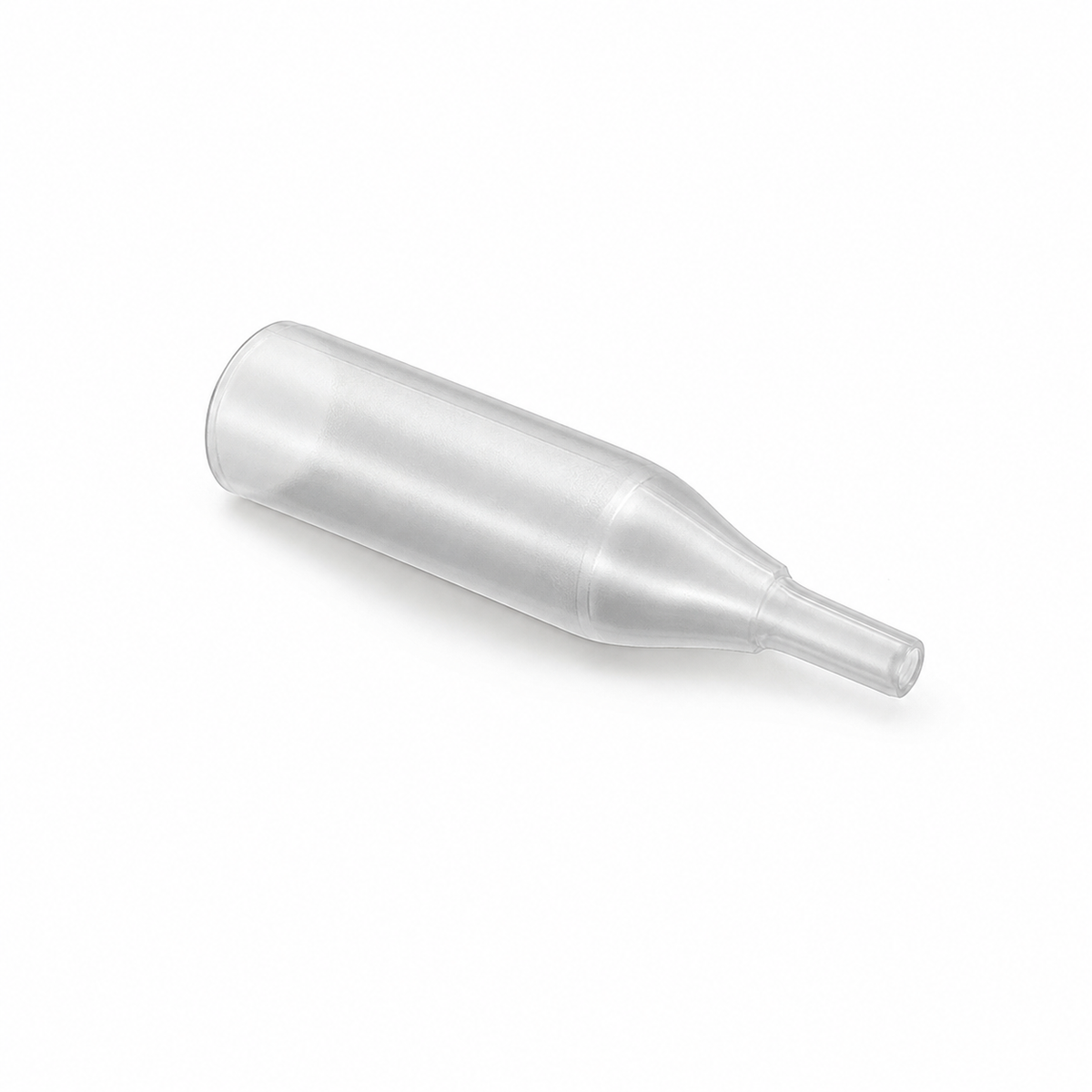 Catéter externo masculino Hollister InView Standard de silicón transparente, vista diagonal, sobre blanco