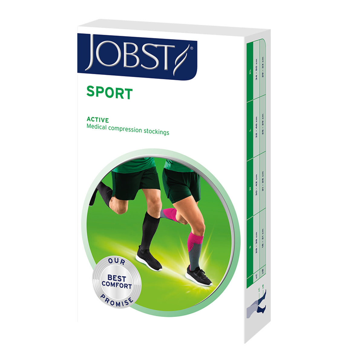 Empaque JOBST Sport, par de medias de compresión a la rodilla, sobre fondo blanco
