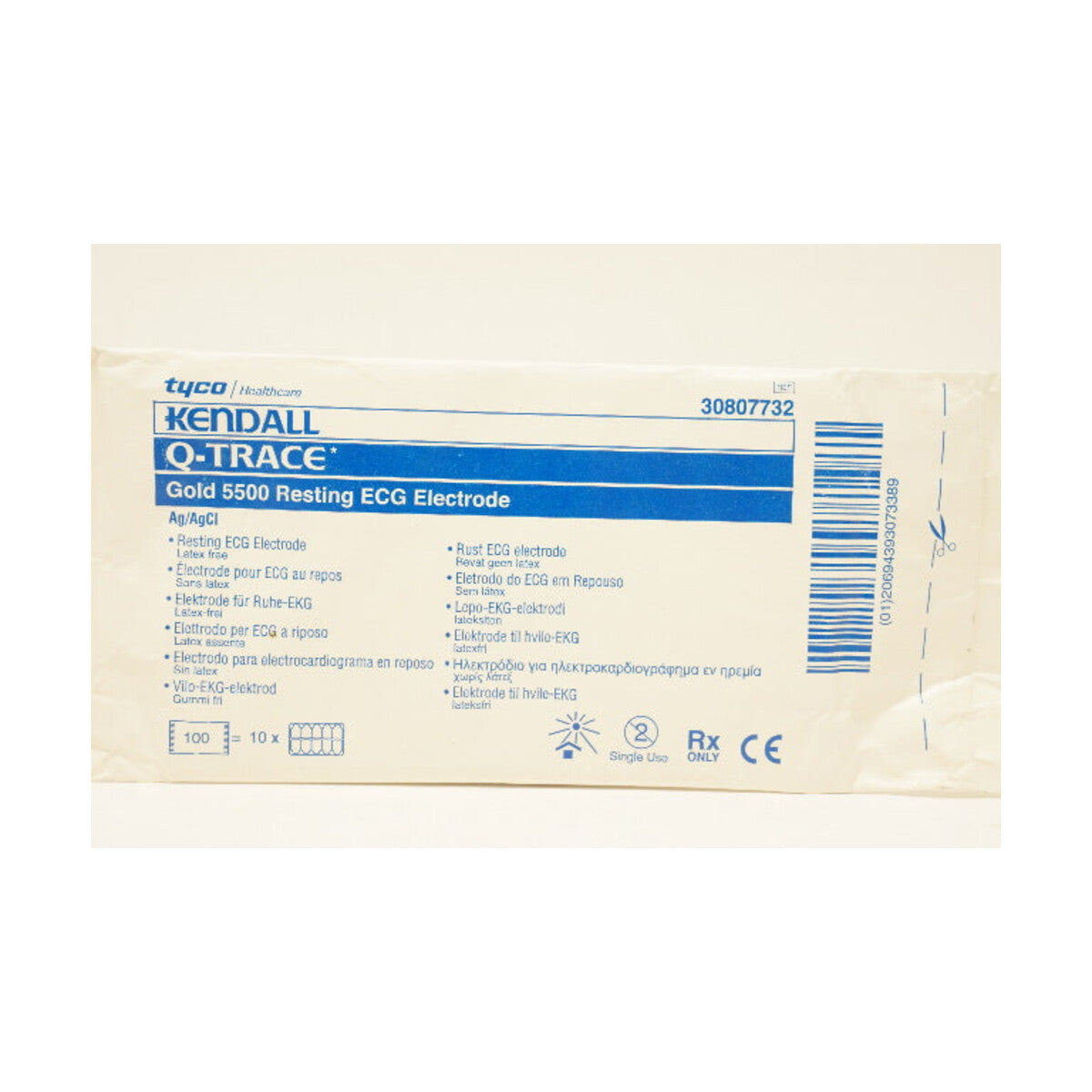 Kendall Q-Trace Gold 5500 electrodos ECG de reposo sobre fondo blanco