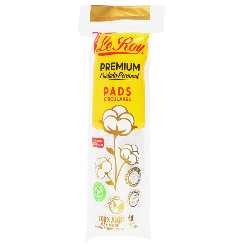 Bolsa Le Roy Premium Pads circulares de algodón, contenido 100 piezas, sobre fondo blanco