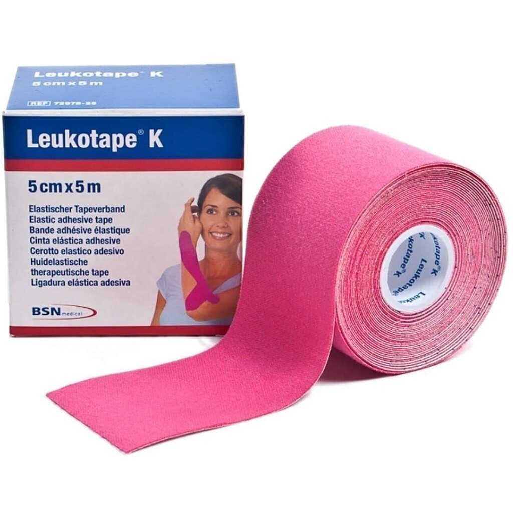 Caja Leukotape K BSN REF 72978-25 rosa, cinta kinesiológica 5 cm × 5 m sobre fondo blanco