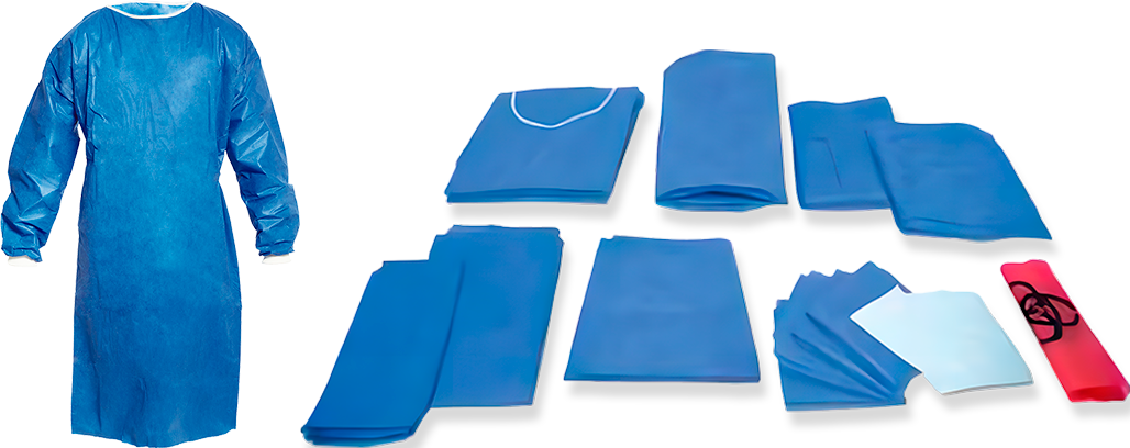 Equipo para cirugía mayor MediMaz Surgical de tela SMS 32 g: bata azul, campos y sábanas plegados, toallas y bolsa roja