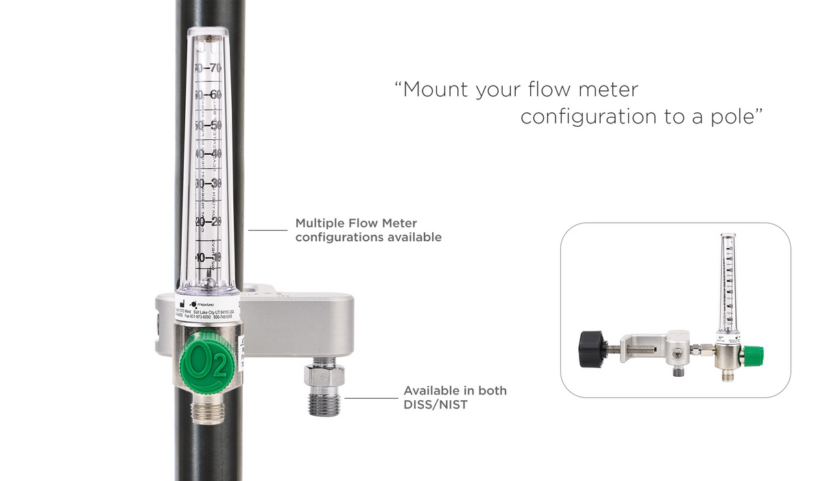 Foto de familia Maxtec O2 Flow Meter Manifold: vistas frontal y lateral, conexiones DISS/NIST y sin manguera. Se ofrece una pieza R220P01-002, 0–70 LPM con DISS y manguera enrollada de 15 pies según referencia del fabricante.