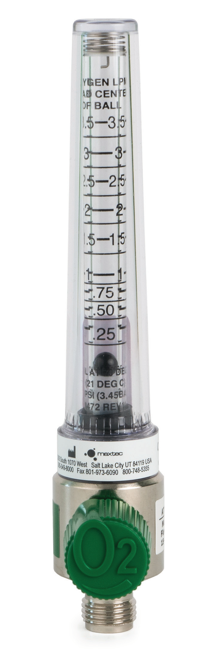 Fotografía de familia Maxtec con escala ilustrativa de 0 a 3.5 LPM; esta ficha ofrece RP34P03-001 de 0 a 15 LPM