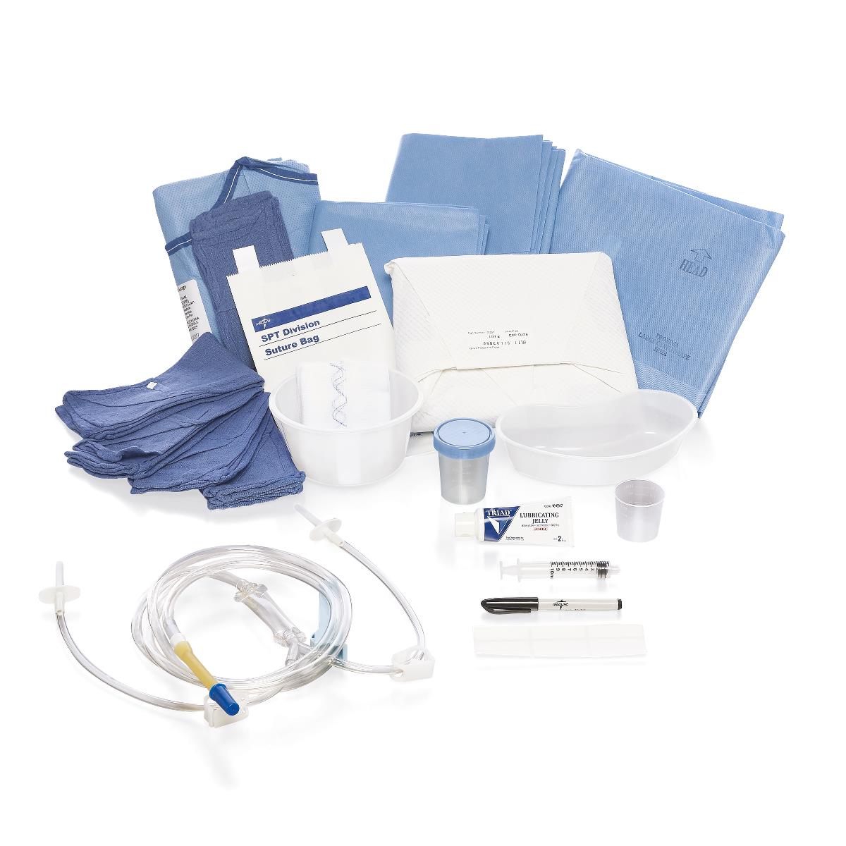 Contenido del paquete quirúrgico estéril Medline DYNJS0502 Cysto II para cistoscopia, con bata, pierneras, campos, tubería de irrigación y recipientes
