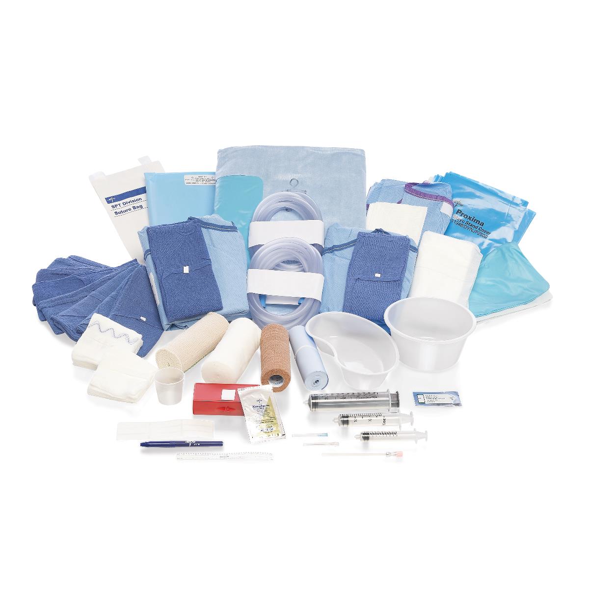 Contenido del paquete quirúrgico estéril Medline DYNJS0810 para artroscopia de rodilla III, con batas, campos, vendajes, gasas y recipientes