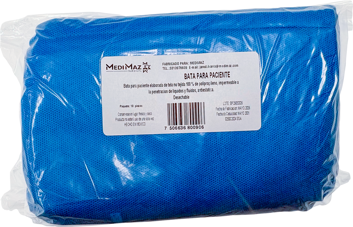 Paquete original MediMaz de diez batas azules para paciente, etiqueta con código 7506636800906