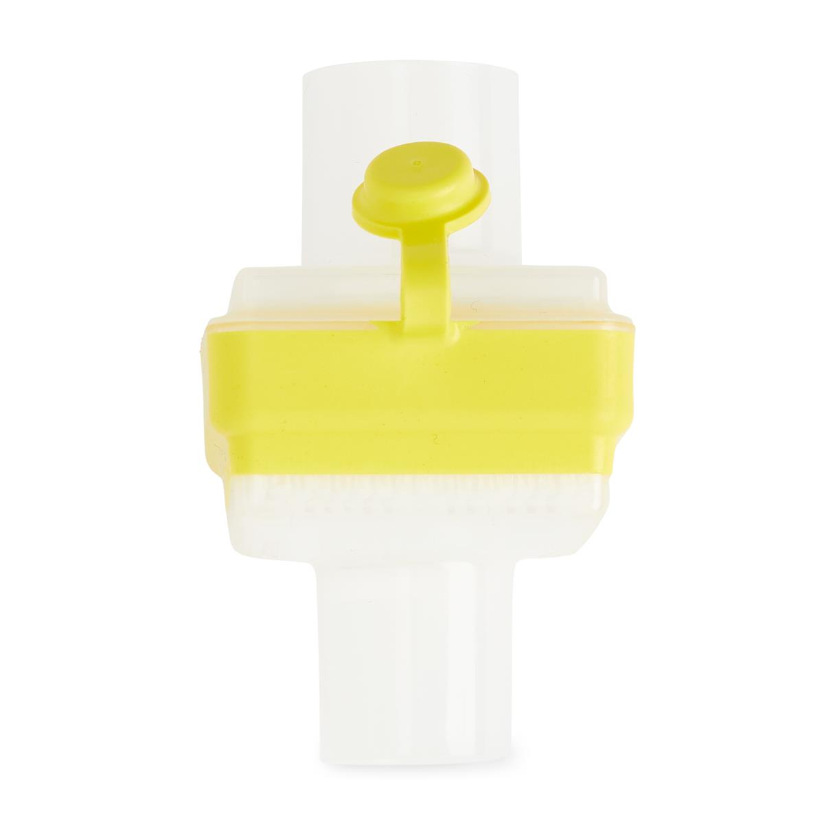 Filtro HEPA Medline DYNJAAHF recto, cuerpo transparente y amarillo, con tapa lateral amarilla en el puerto de muestreo de CO₂