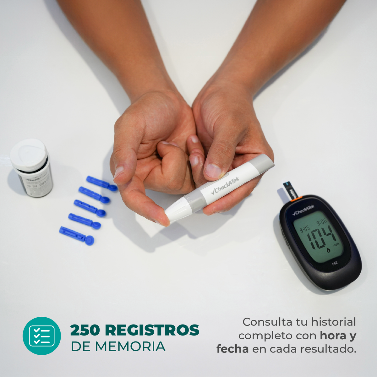 Glucómetro Checkatek 582 con memoria de 250 registros, hora y fecha