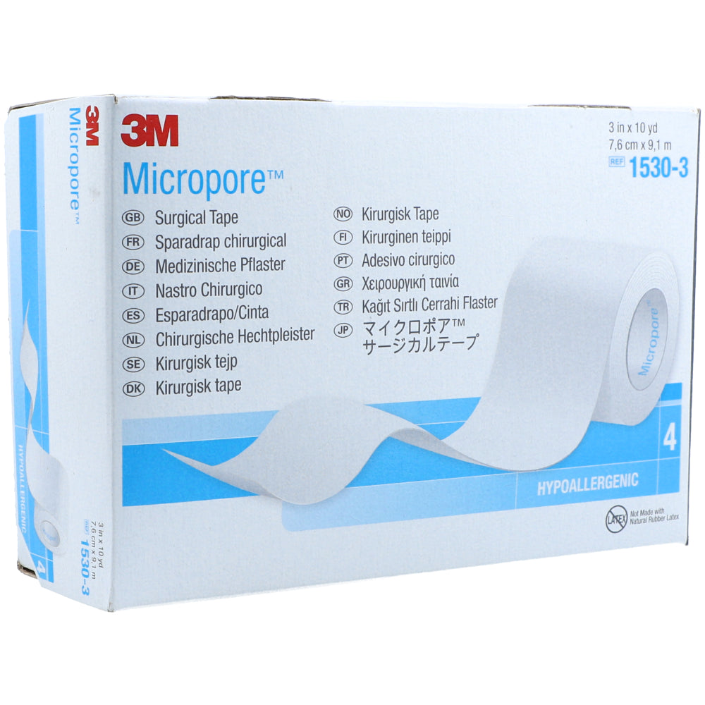 Caja 3M Micropore 1530-3 blanco, 7,6 cm × 9,1 m, 4 rollos sobre blanco