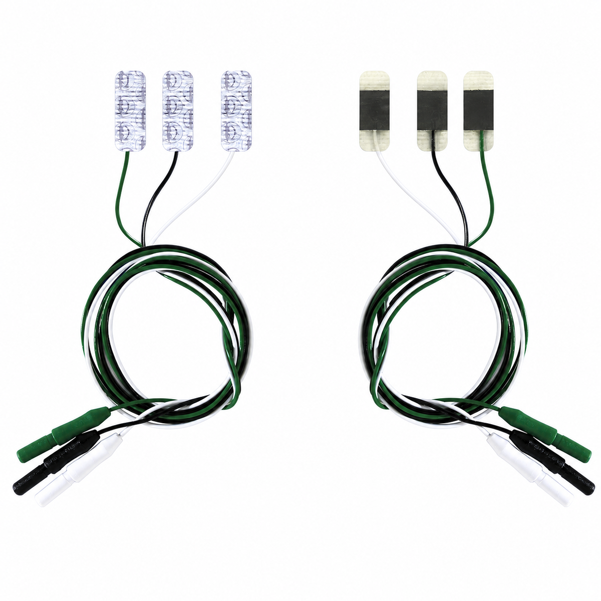 Neotech NeoLead N306 Micro, electrodos ECG radiolúcidos con cables sobre fondo blanco